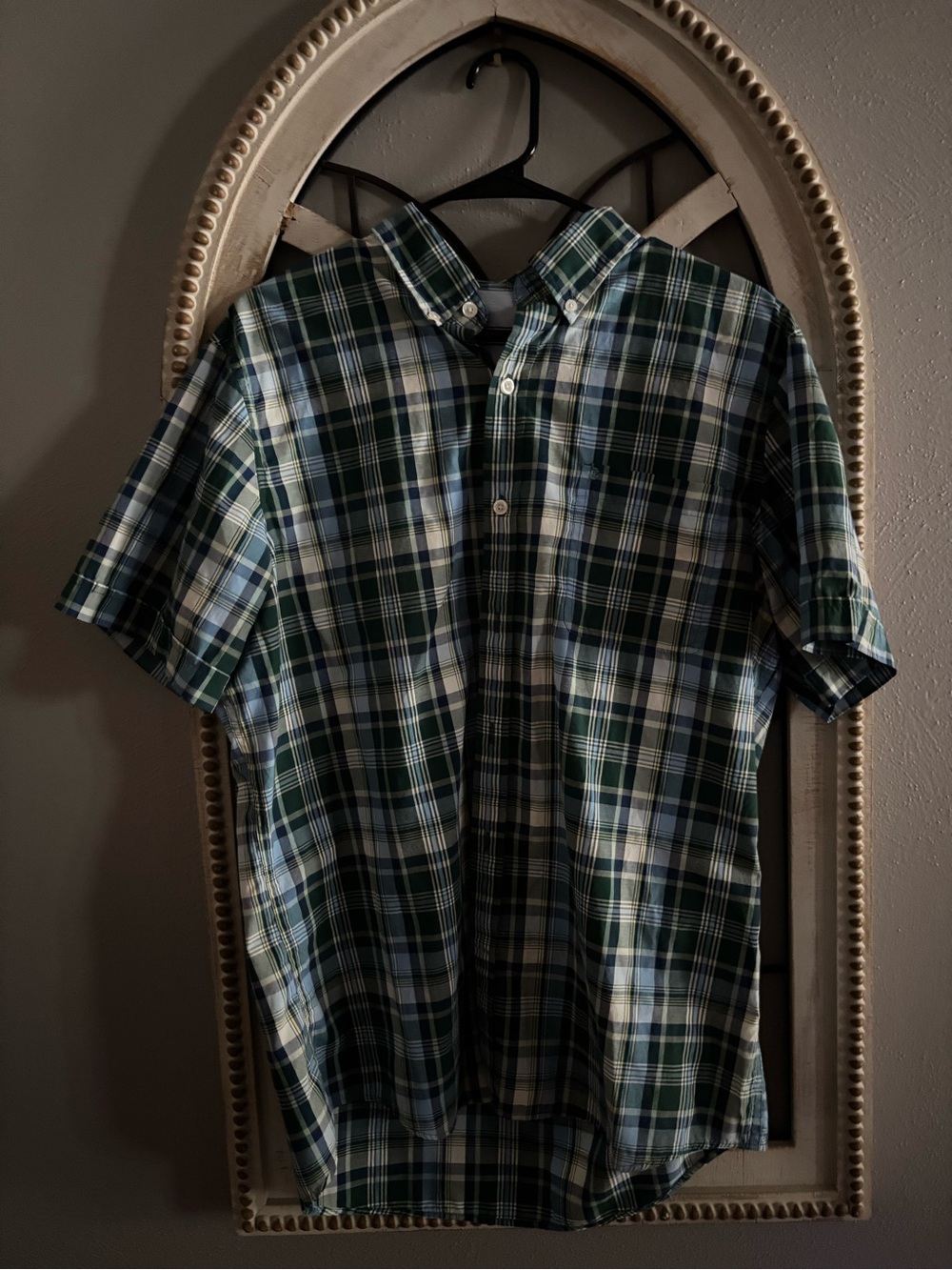 Izod Green, Blue and White Plaid Short-Sleeve Button-Down Shirt